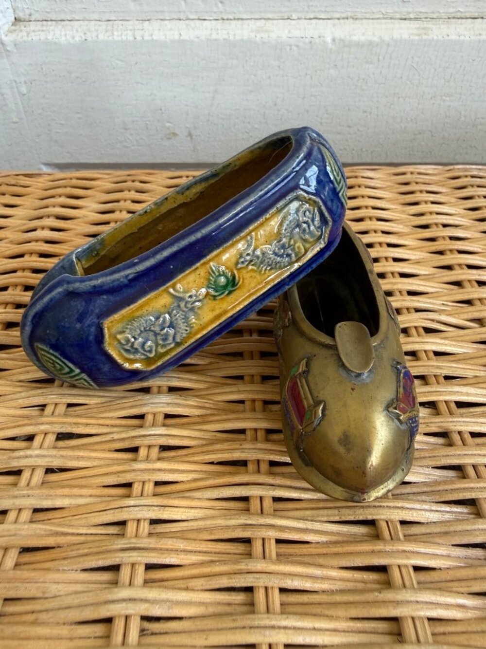 Vintage 1930s Chinese Slipper Shoe AshTray Pottery & brass with enamel